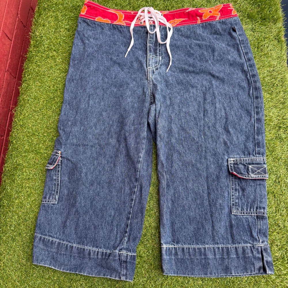 Vtg Y2K‎ Jalate Jeans Denim Cargo Capris Jorts Flower Hillary Duff Size 11/12
